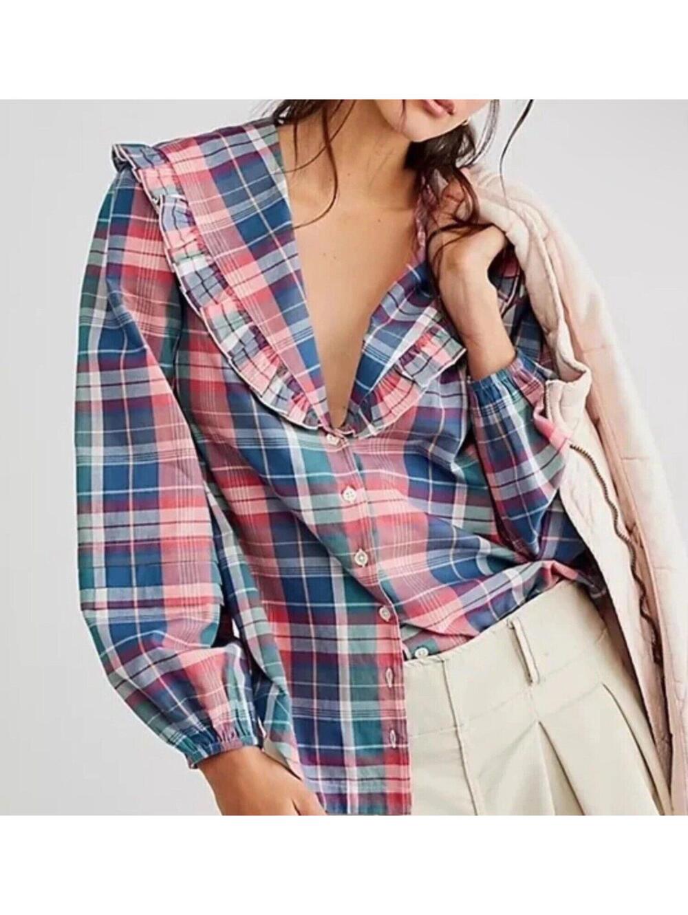 Free People Women’s Molly Ruffle Top Plaid Size XS Blue Pink Boho